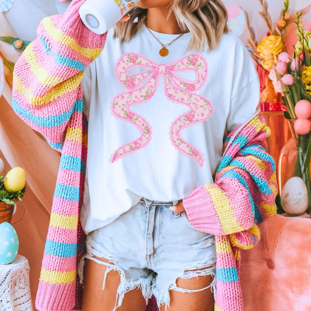 DTF Spring Pink Floral Bow 6-001